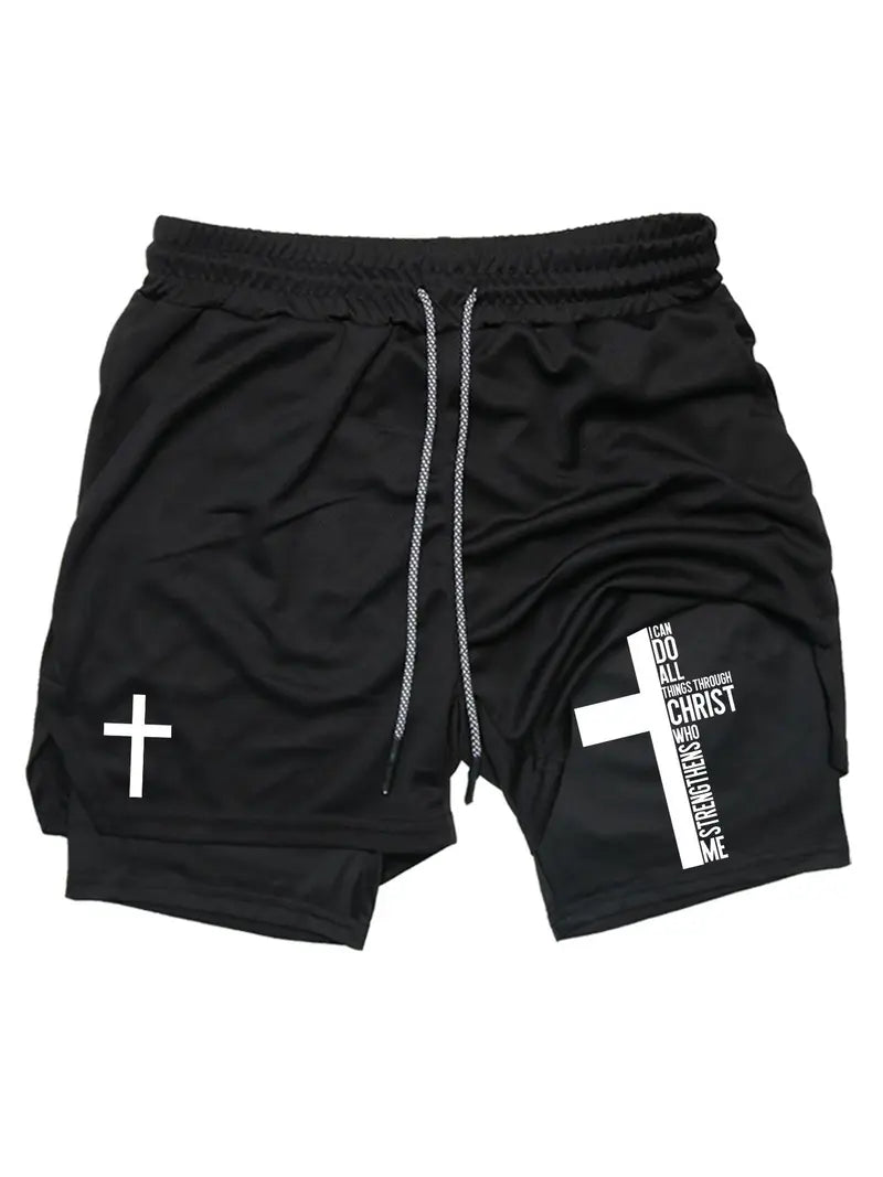 Unisex Cross-Print Drawstring Waist 2-in-1 Sports Shorts