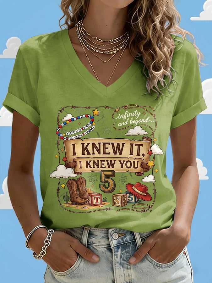 V-Neck Retro I Knew It Print T-Shirt