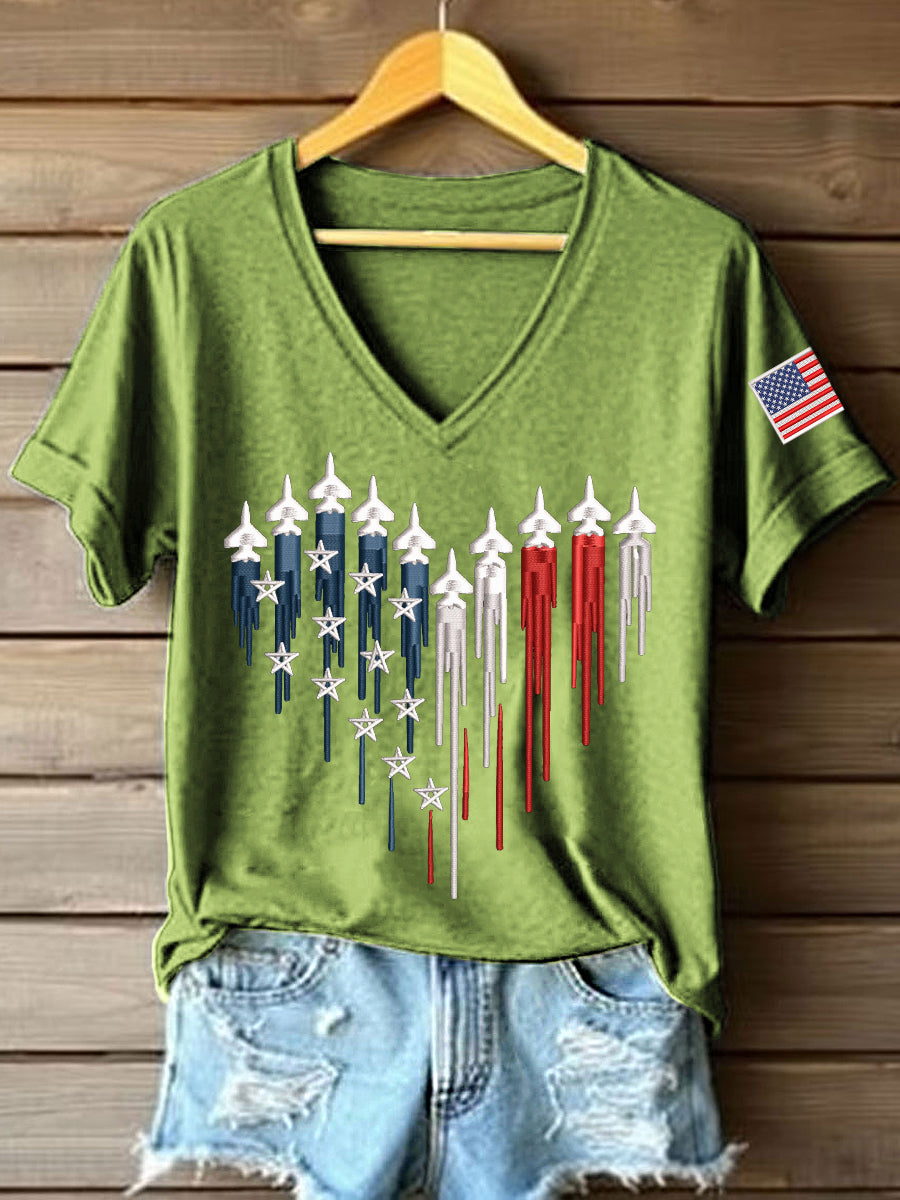 Women's 250th Anniversary Embroidery Pattern V-Neck T-Shirt