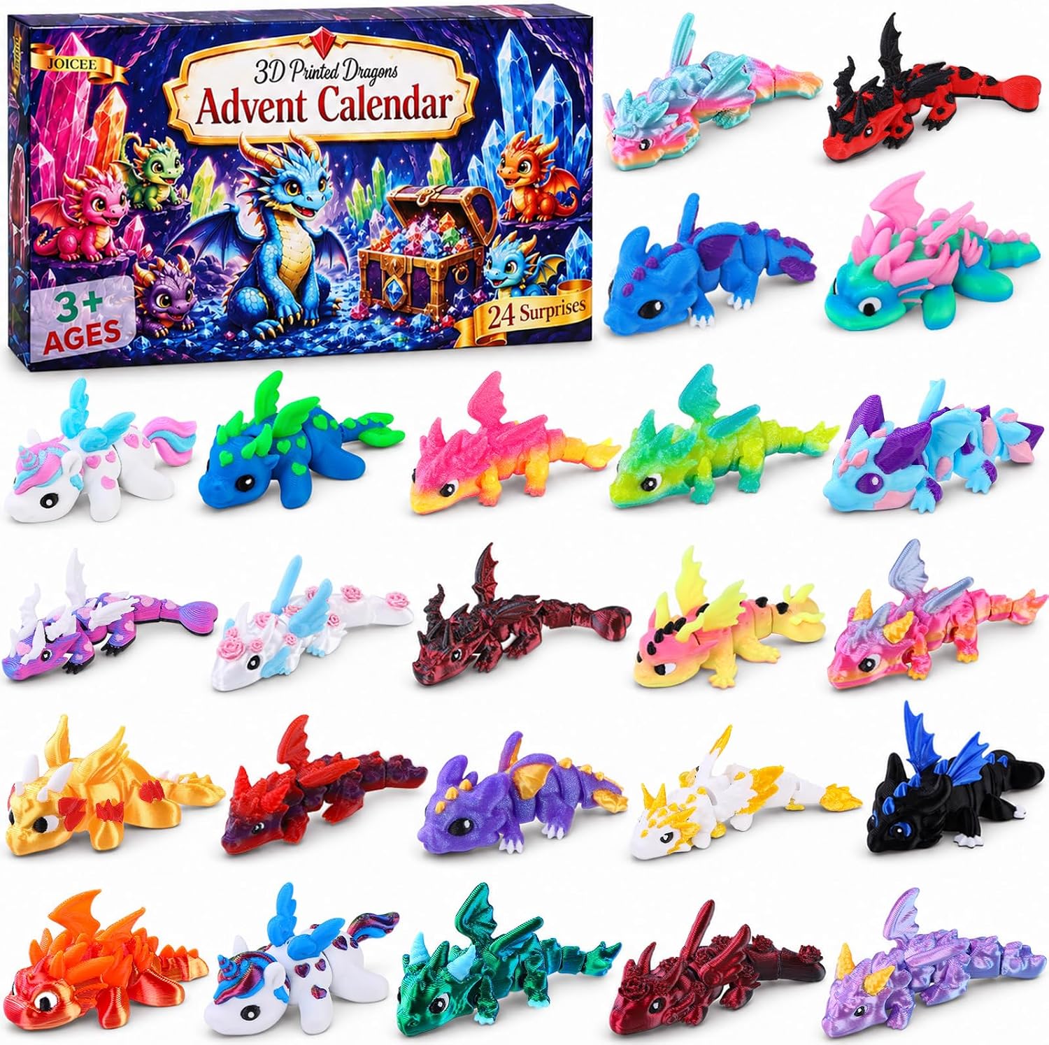 JOICEE 2026 Christmas Advent Calendar with 3D Printed Animals Fidget Toys | 24 Days Mini 3D Printed Animals Figurines Xmas Articulated Flexible Fidget Toys for Kids Boys Girls Christmas Party Favors