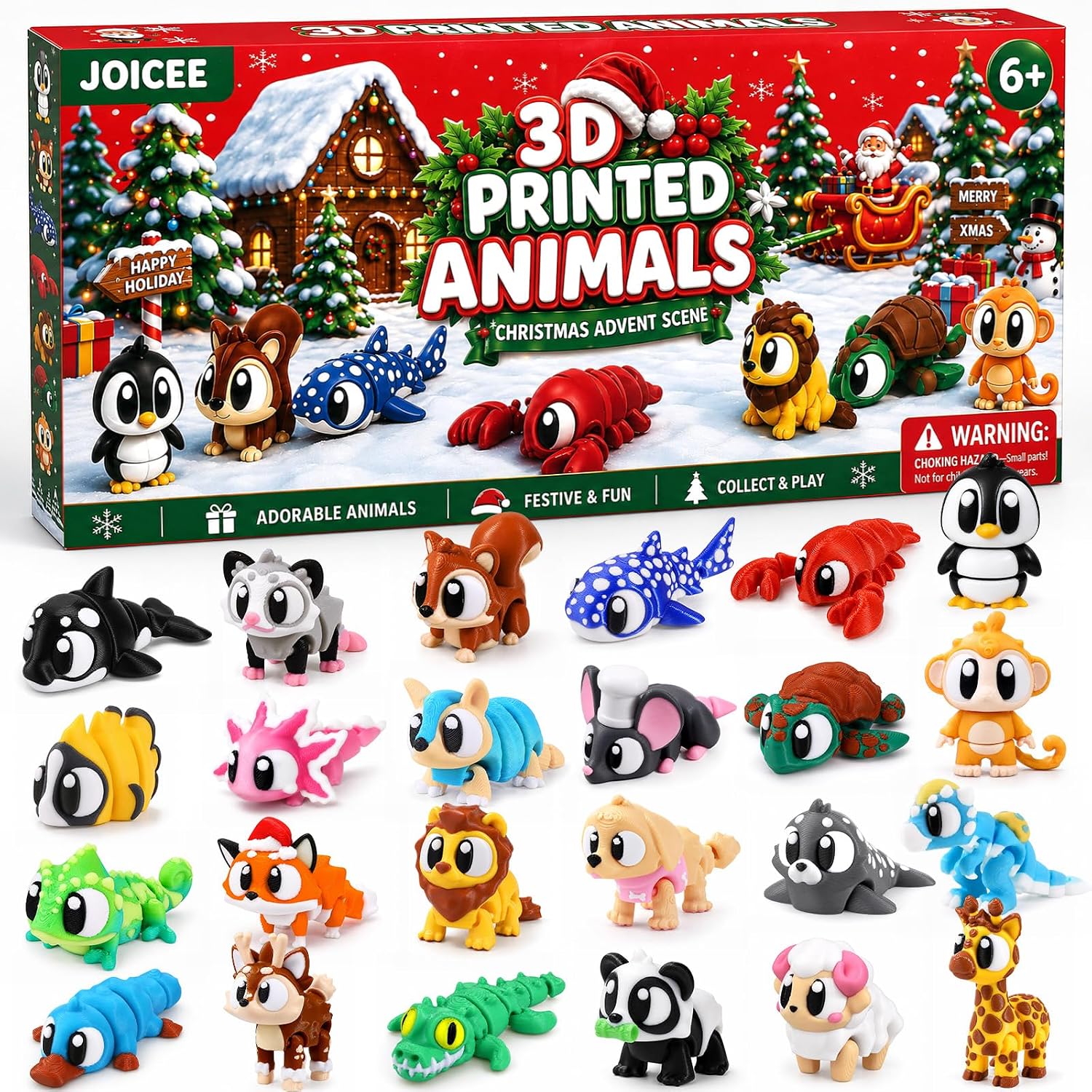 JOICEE 2026 Christmas Advent Calendar with 3D Printed Animals Fidget Toys | 24 Days Mini 3D Printed Animals Figurines Xmas Articulated Flexible Fidget Toys for Kids Boys Girls Christmas Party Favors