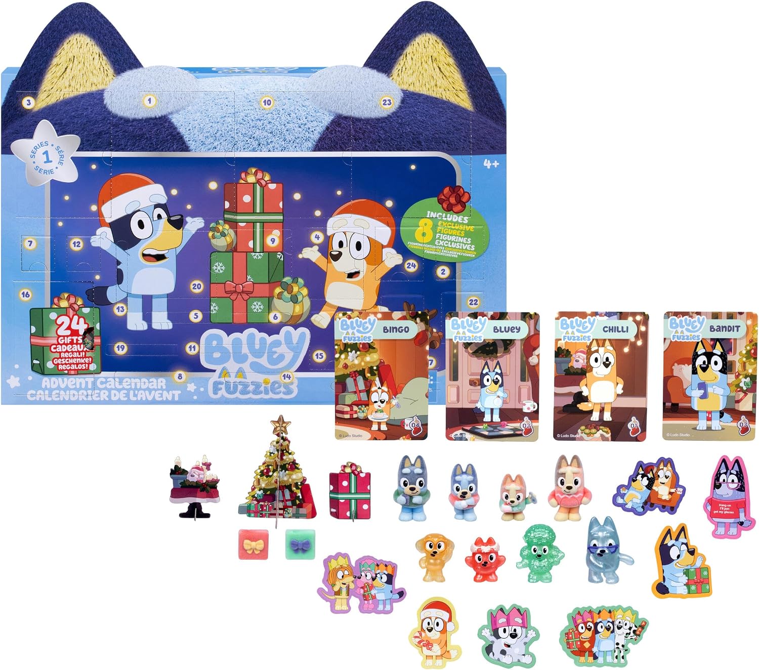 Bluey Advent Calendar 2026, 24 Days of Surprises, Mini Tree | Includes 3 mini figures, 16 holiday accessories, 5 stickers, plus Bartlebee, Bluey, and Bingo in Christmas jumpers