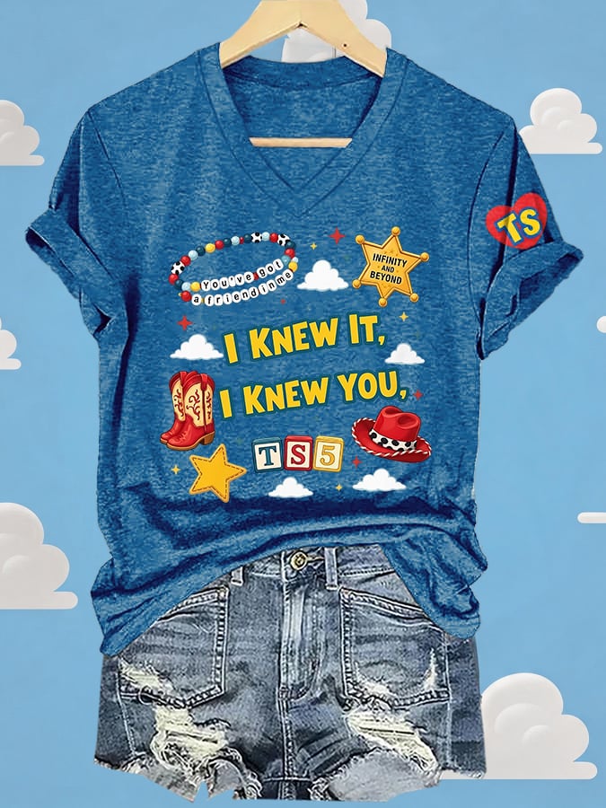 V-Neck Retro I Knew It Print T-Shirt