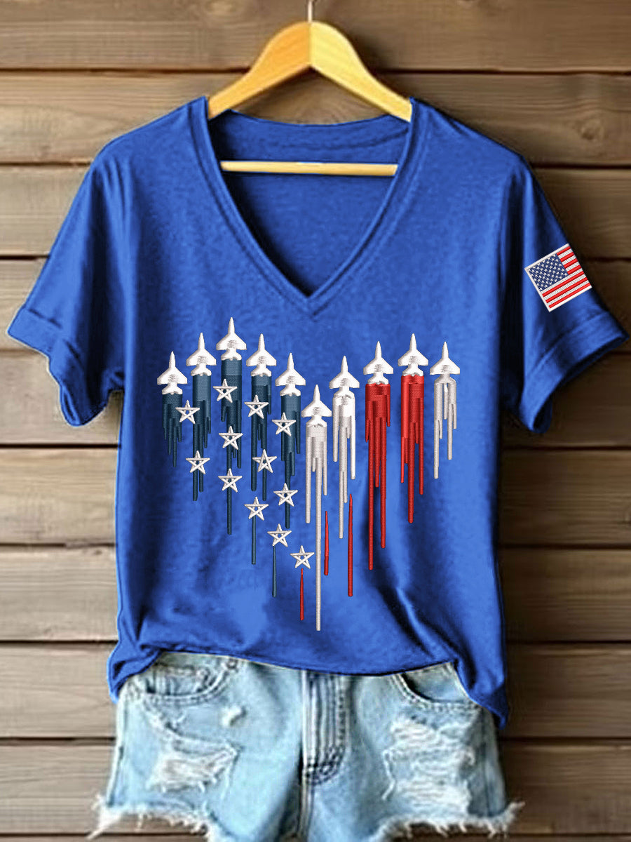 Women's 250th Anniversary Embroidery Pattern V-Neck T-Shirt