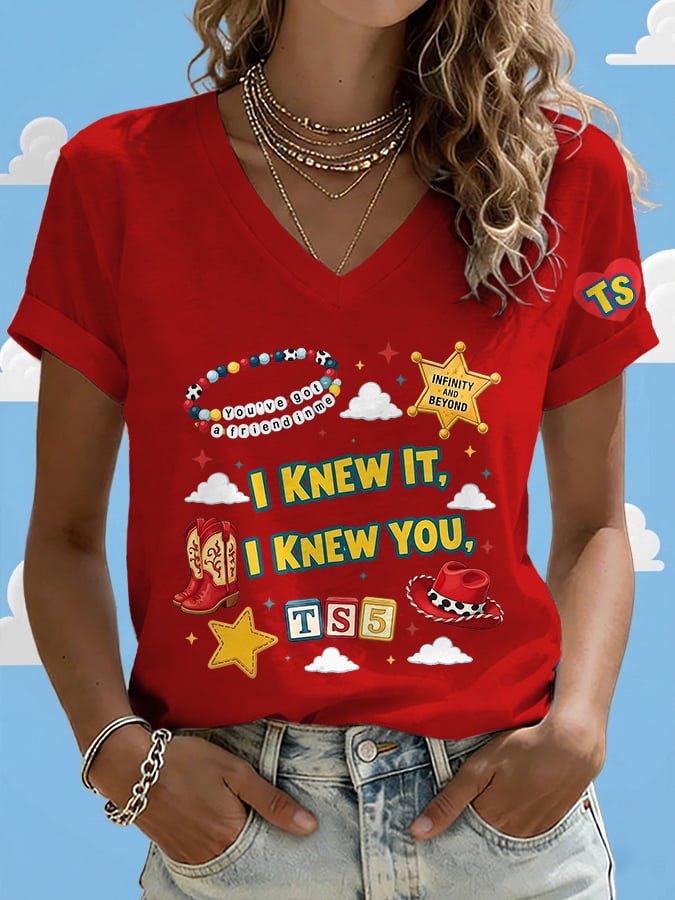 V-Neck Retro I Knew It Print T-Shirt