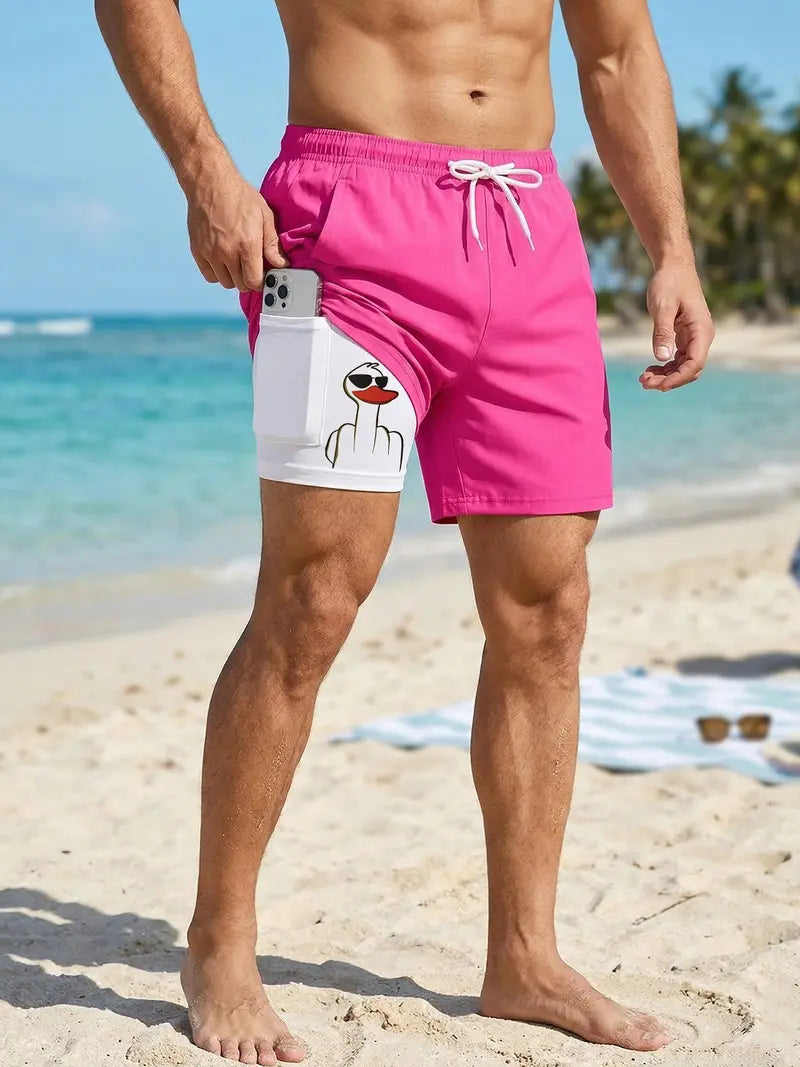 Unisex Prank Duck Print 2-in-1 Beach Shorts