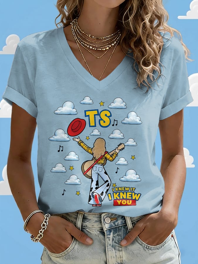 V-Neck Retro I Knew It Print T-Shirt
