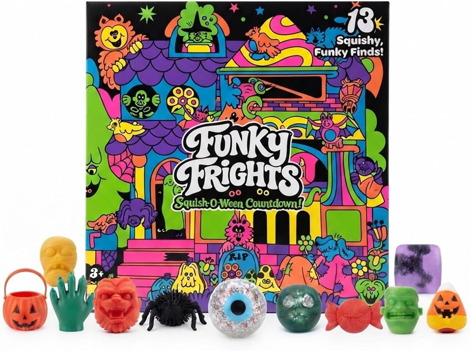 Funky Frights Halloween Advent Calendar 13 Days, Spooky Squishy Slow Rise Stress Relief Toys Countdown Gift Box for Kids Teens Halloween Party Favors