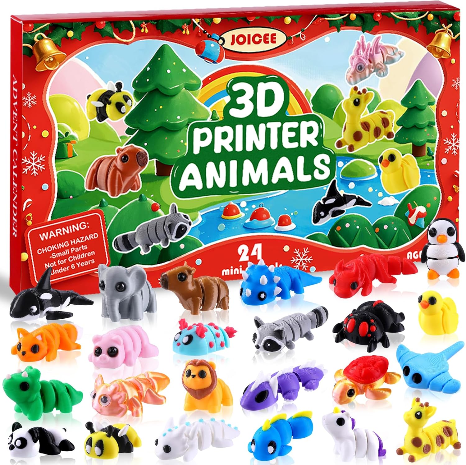 JOICEE 2026 Christmas Advent Calendar with 3D Printed Animals Fidget Toys | 24 Days Mini 3D Printed Animals Figurines Xmas Articulated Flexible Fidget Toys for Kids Boys Girls Christmas Party Favors