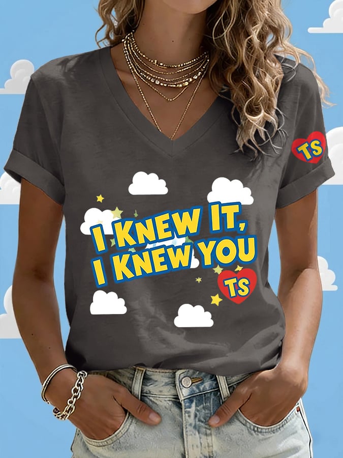 V-Neck Retro I Knew It Print T-Shirt