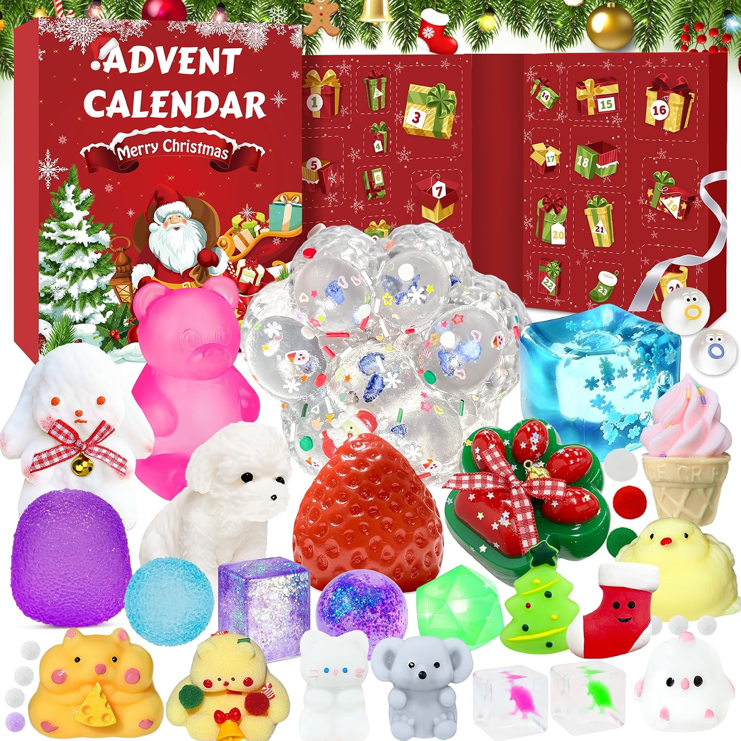 2026 Squishy Advent Calendar, Fidget Christmas Countdown Calendar, 24 Days of Surprises Squishy Toys Box, Xmas Toys for Sock Stuffing & Christmas Gift