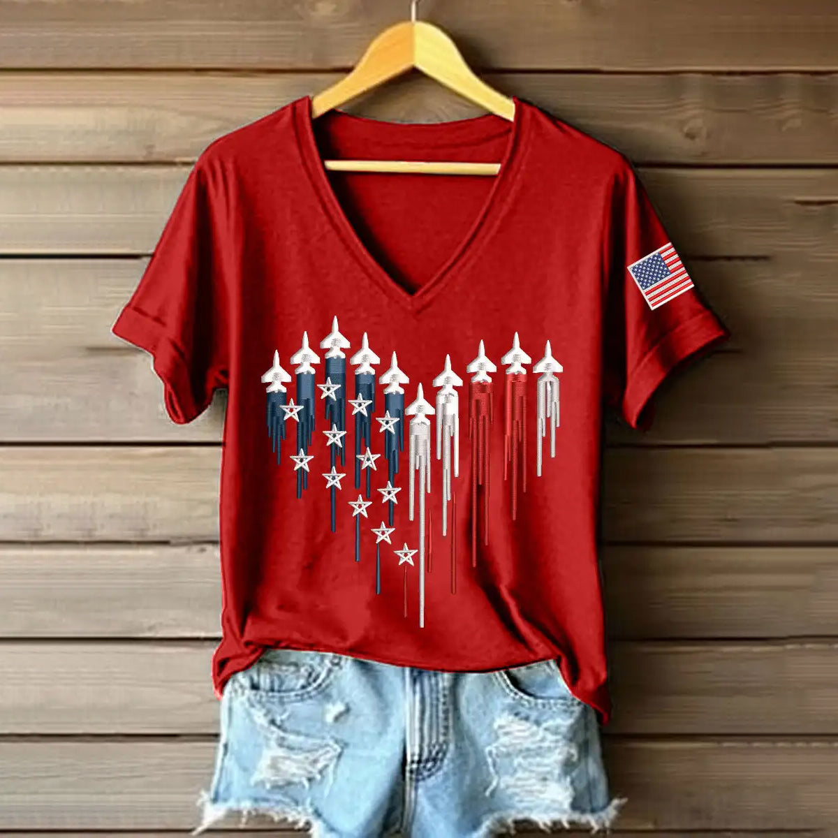 Women's 250th Anniversary Embroidery Pattern V-Neck T-Shirt