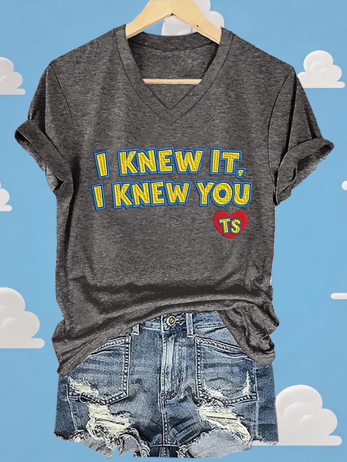 V-Neck Retro I Knew It Print T-Shirt