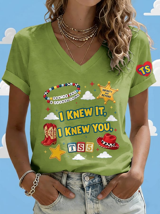 V-Neck Retro I Knew It Print T-Shirt