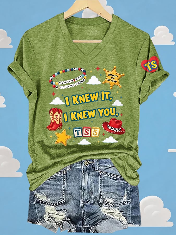 V-Neck Retro I Knew It Print T-Shirt