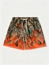Unisex Trendy Baggy Camouflage and Flame Print Beach Shorts