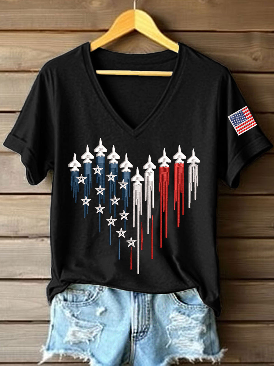 Women's 250th Anniversary Embroidery Pattern V-Neck T-Shirt