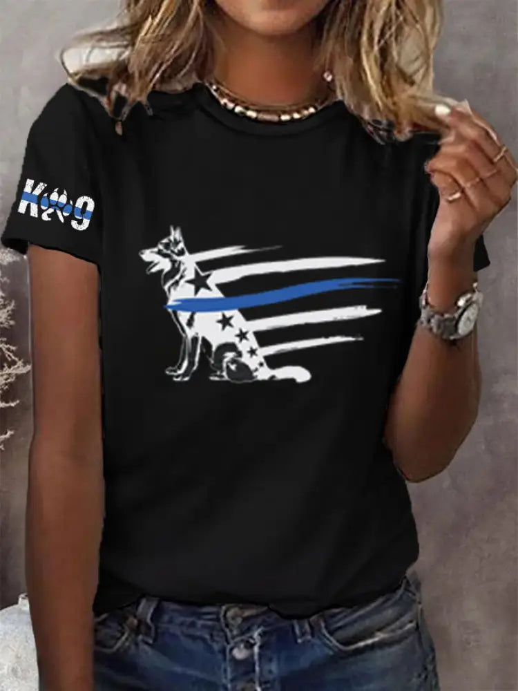 Women's Blue Line Patriotic K9 Police Officer Dog T-Shirt