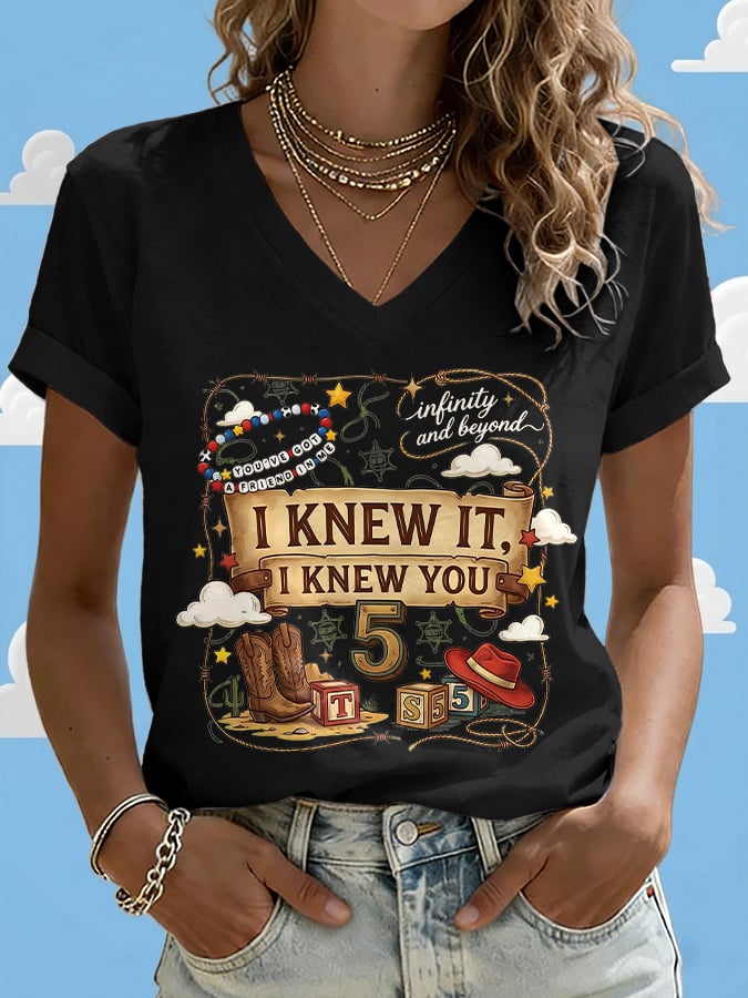 V-Neck Retro I Knew It Print T-Shirt