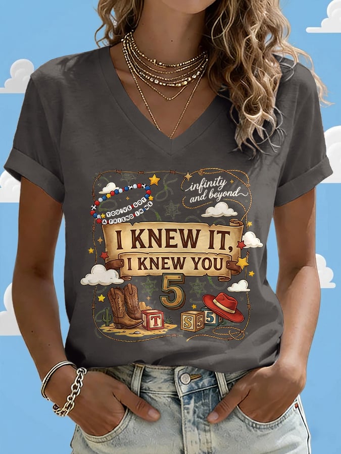 V-Neck Retro I Knew It Print T-Shirt